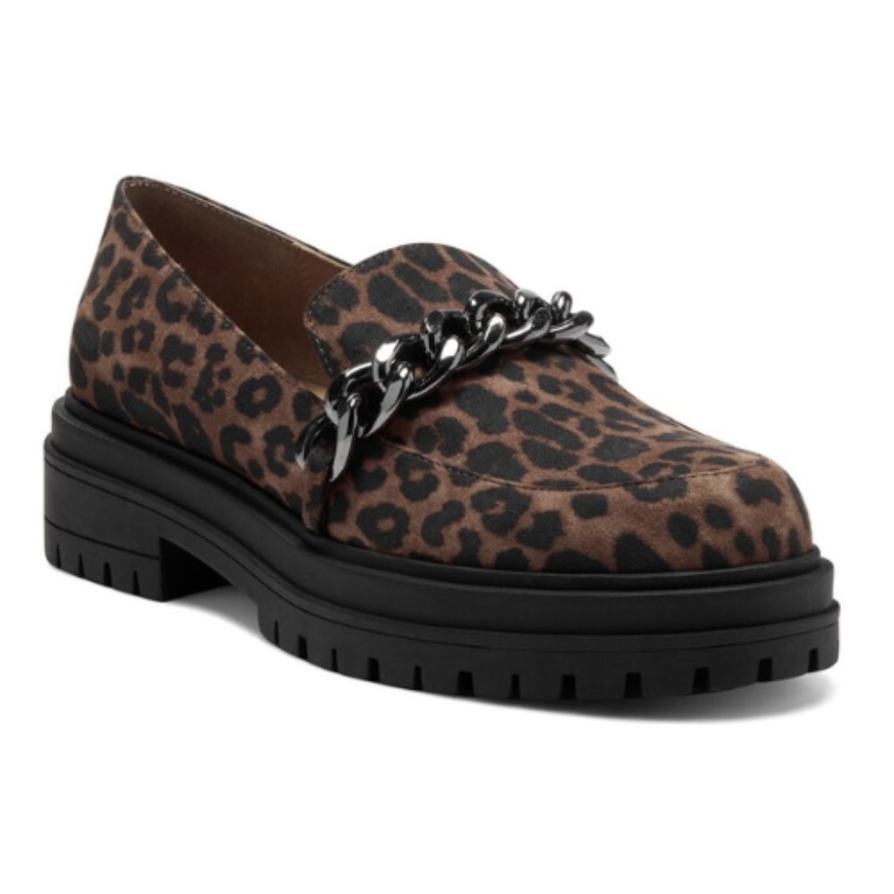 NEW Jessica Simpson Disila Leopard Lug Sole Chain Detail Loafers Sz. 8.5